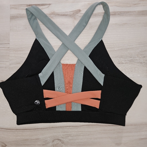SAVVI Lauren Mesh Crossback Sports Bra Medium Black Peach Green( Ish) - Picture 2 of 5